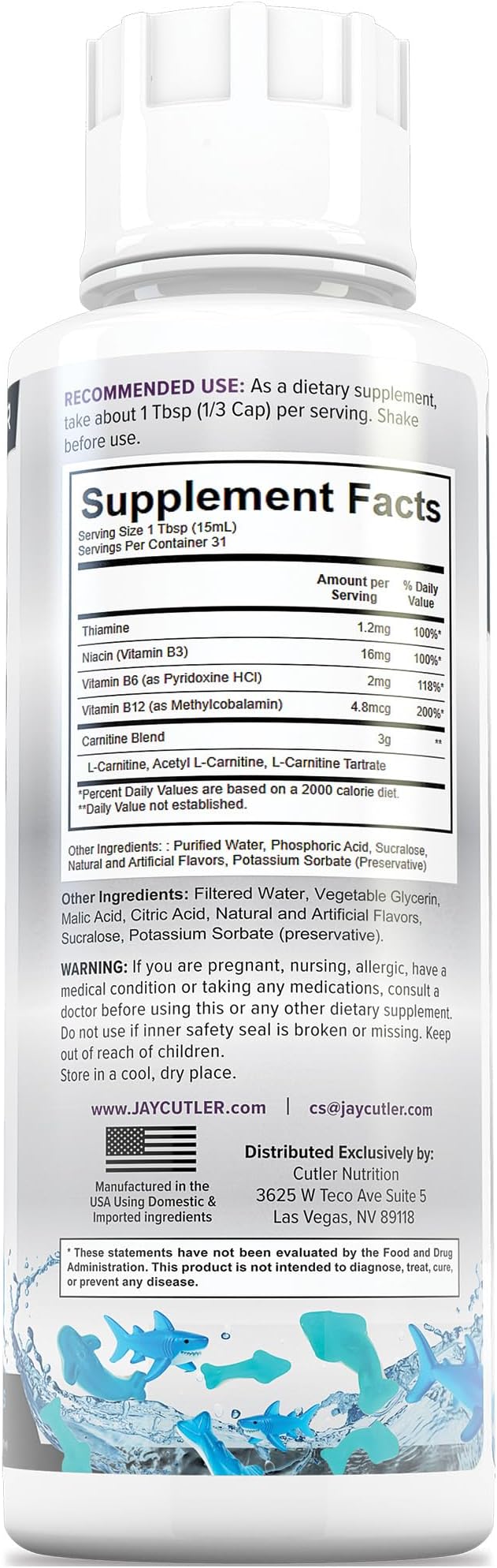 Cutler Nutrition Liquid L-Carnitine Supplement with Acetyl L-Carnitine & L-Carnitine Tartrate Forms - Pre Workout Formula for Optimal Absorption, Energy & Muscle Support | Blue Sharks Flavor