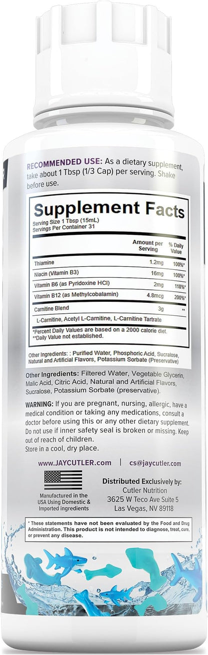 Cutler Nutrition Liquid L-Carnitine Supplement with Acetyl L-Carnitine & L-Carnitine Tartrate Forms - Pre Workout Formula for Optimal Absorption, Energy & Muscle Support | Blue Sharks Flavor