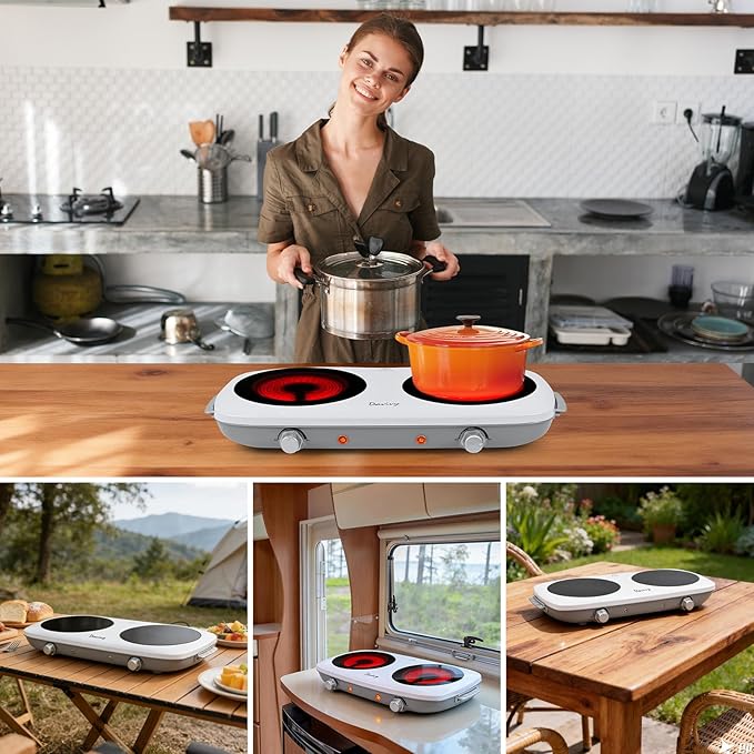 Davivy Double Burner Electric Hot Plate, 1800W (2x900W) Portable Electric Stove, 2-Burner Cooktop with Crystallite Ceramic Glass, Dual Heating Zones, Flexible Temp Control, for Kitchen, RV, Dorm