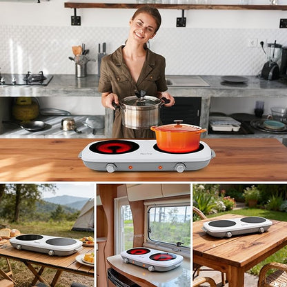 Davivy Double Burner Electric Hot Plate, 1800W (2x900W) Portable Electric Stove, 2-Burner Cooktop with Crystallite Ceramic Glass, Dual Heating Zones, Flexible Temp Control, for Kitchen, RV, Dorm