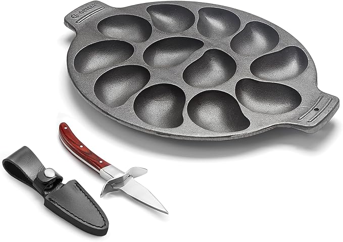 Outset Oyster Lovers Cast Iron Grill Set, Oyster Grill Pan & Shucking Knife | Grill & Serve Oysters In One Pan | 12 Capacity Oyster Tray & Plate | Oven, Grill & Stovetop Safe | Includes Oyster Shucker