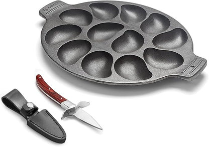 Outset Oyster Lovers Cast Iron Grill Set, Oyster Grill Pan & Shucking Knife | Grill & Serve Oysters In One Pan | 12 Capacity Oyster Tray & Plate | Oven, Grill & Stovetop Safe | Includes Oyster Shucker