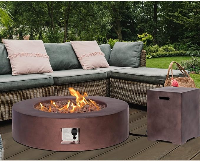HOMPUS 2 Pcs Propane 42-inch Round Bronze Concrete Fire Table with Tank Cover, Lava Rocks and Rain Cover, 50,000 BTU Patio Fire Pit Table Set for Outdoor