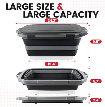 BBQ Prep Tub 3-IN-1 Large 30L Collapsible Cutting Board with Locking Lid for Meal Prep Marinating Food, Camping Sink with Colander, Dish Basin, Storage Blanket for Camping Picnic BBQ, Black