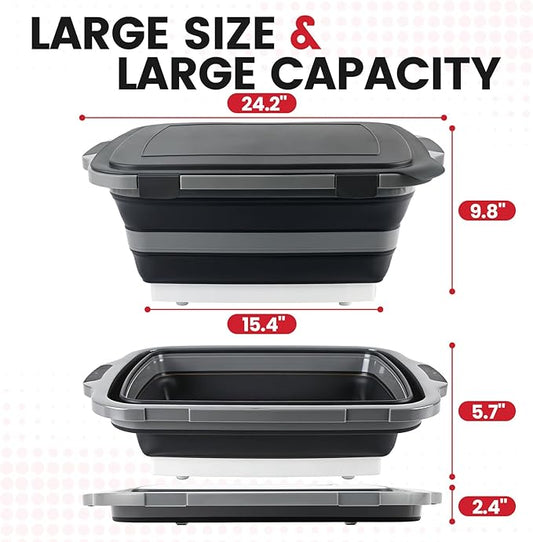 BBQ Prep Tub 3-IN-1 Large 30L Collapsible Cutting Board with Locking Lid for Meal Prep Marinating Food, Camping Sink with Colander, Dish Basin, Storage Blanket for Camping Picnic BBQ, Black