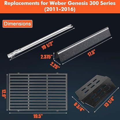 Grill Parts for Weber Genesis 300 (2011-2016 Front Control) – Cast Iron Grates, 304 Burner Tubes, 17.5" Flavorizer Bars + Heat Deflectors, Fits Genesis E/S310 E/S320 E/S330, Replaces 7524 62752 7621