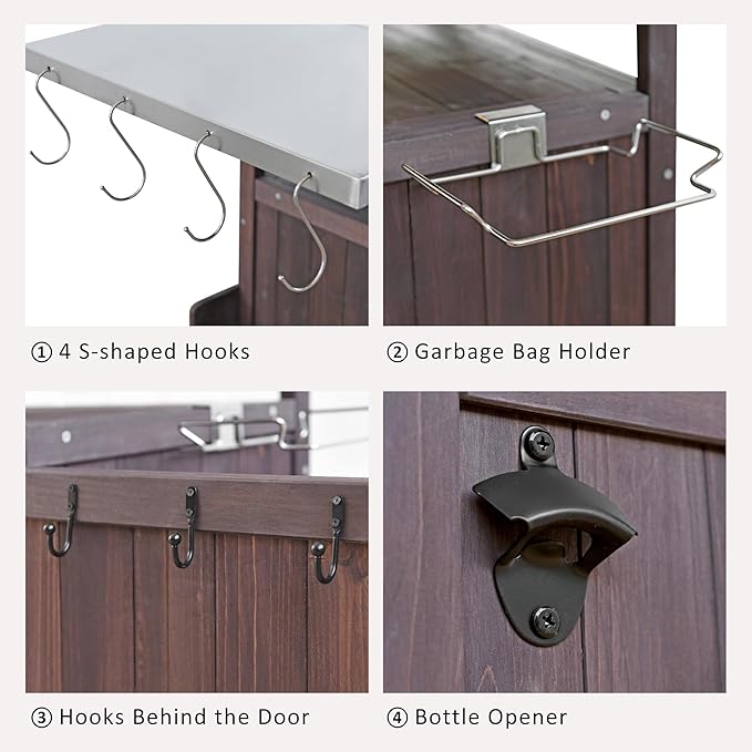40.5" Outdoor Grill Cart with Stainless Steel Top, Solid Wood Storage Cabinet with Drop Leaf, One Drawer, Towel Rack, Rolling Kitchen Cart with Lockable Wheels for Lawn Garden