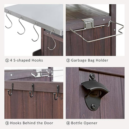 40.5" Outdoor Grill Cart with Stainless Steel Top, Solid Wood Storage Cabinet with Drop Leaf, One Drawer, Towel Rack, Rolling Kitchen Cart with Lockable Wheels for Lawn Garden