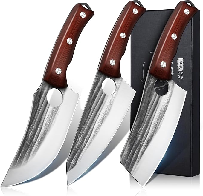 DRGSKL Kitchen Knife Set, Hand Forged Chef Knife Set with Full Tang Wood Handle, High Carbon Steel Butcher Knife Set for Meat Cutting Cleaver Knife Set for Vegetables Camping BBQ Ideal Gifts