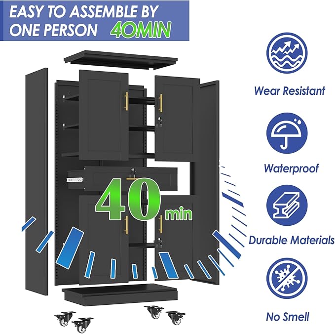 71" Metal Garage Storage Cabinet with Wheels and Locking Doors and Tall Rolling Steel Tool Cabinet with 3 Adjustable Shelves for Garage,Home,Office,Shop (Black, 71" H x 35.43W x 15.74" D)