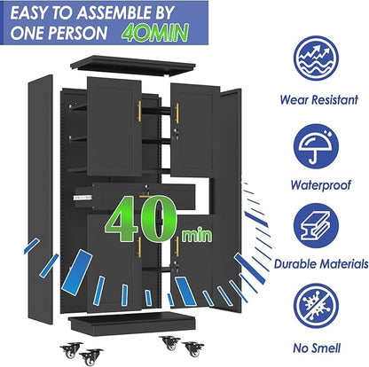 71" Metal Garage Storage Cabinet with Wheels and Locking Doors and Tall Rolling Steel Tool Cabinet with 3 Adjustable Shelves for Garage,Home,Office,Shop (Black, 71" H x 35.43W x 15.74" D)