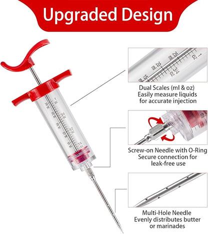 Meat Butter Injector Syringe, 1-oz Plastic Marinade Turkey Injector Kit, with 3 Stainless Steel Meat Needles, 1 Cleaning Brush and Replacement O Ring, Dual Scale (ml/oz), for Turkey, BBQ Grill Smoker
