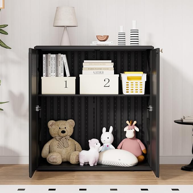HOMSPARK Indoor/Outdoor Storage Cabinet with Doors and Shelf, 34”x15”x36” HDPE Plastic Storage Box Waterproof for Patio, Garden, Balcony, Multi-Purpose for Daily Tools, Black
