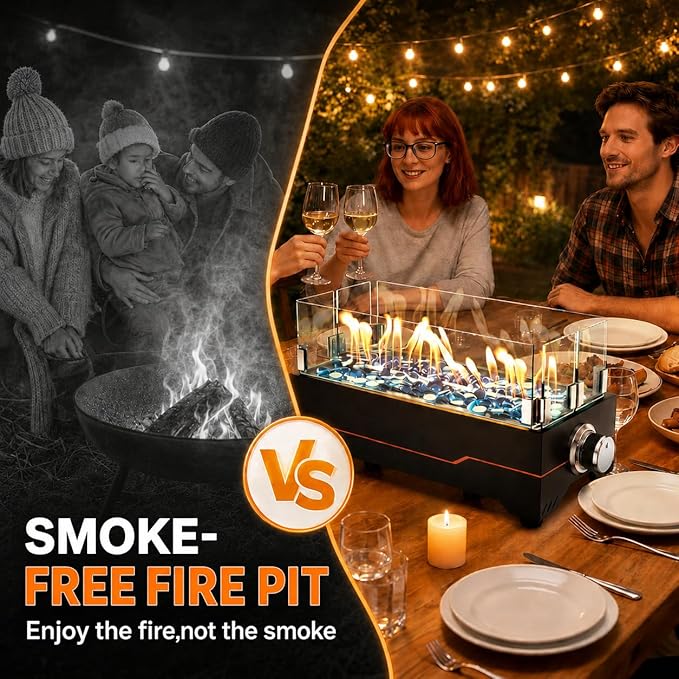 GRISUN Tabletop Fire Pit,15 Inch Propane Fire Pit Table,30000 BTU Table Top Firepit with Glass Wind Guard,Stainless Steel Burner,Fire Glass,Portable Propane fire Pit for Patio, Camping, Backyard & RV