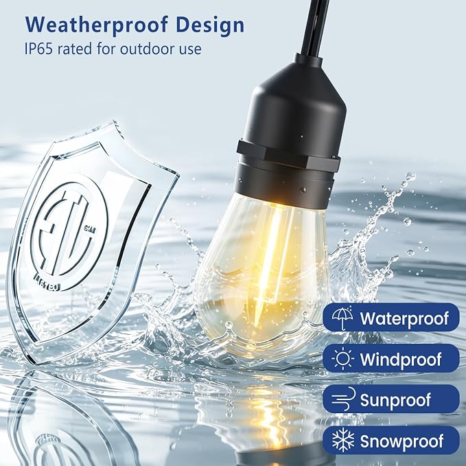 24FT String Lights for Outside, Remote & Waterproof, Connectable | 2FT Spacing, Heavy Duty Commercial Grade, 18 AWG Cord, 12+1 Shatterproof Bulbs, IP65, Timer & Dimmable, Plug-in, Backyard