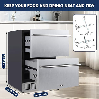 24 Inch Double Drawer Fridge, Stainless Steel Outdoor Beverage Refrigerator for Patio and Kitchen, Freestanding or Built-In, Mobile Grid Organizer, Home and Commercial Use