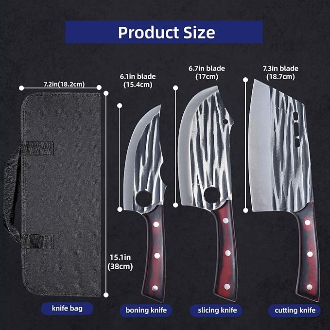 Butcher Knife Set with Bag，Meat Cleaver Full Tang Serbian Chef Knife High Carbon Steel for Meat Cutting Processing,Hand Forged Viking Carving Outdoor BBQ Camping Knife (3)