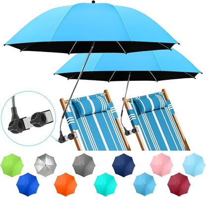 2 PACK Beach Umbrella with Clamp, 360 ° Adjustable Umbrellas for Chair, UPF50+ Umbrella for Beach Chair, Patio Chair, Wheelchair, Camping Chair, Golf Carts (Chair Not Included)