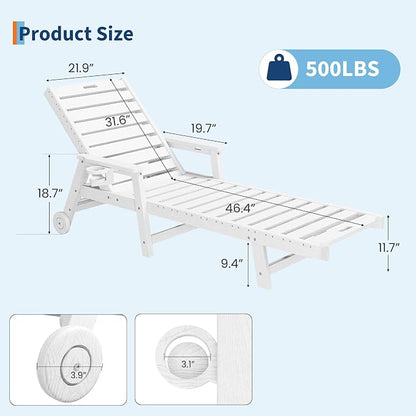 Garvee Lounge Chair Outdoor Set of 2 with Wheels & 5-Position Adjustable Backrest, Oversized Chaise Lounge with 2 Move Handle, HDPE Lounge Chair w/Detachable Cup Holder, for Patio, Pool,White