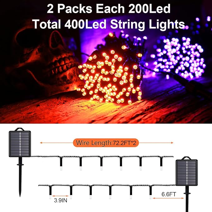 Solar Halloween String Lights, Orange 200Led, Outdoor Waterproof | 2 Pack Total 400Led 144Ft 8 Mode, IP44 Outside Fall Thanksgiving Fairy Lights for Tree, Garden, Patio, Lawn, Yard Decorations