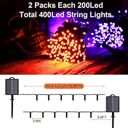 Solar Halloween String Lights, Orange 200Led, Outdoor Waterproof | 2 Pack Total 400Led 144Ft 8 Mode, IP44 Outside Fall Thanksgiving Fairy Lights for Tree, Garden, Patio, Lawn, Yard Decorations