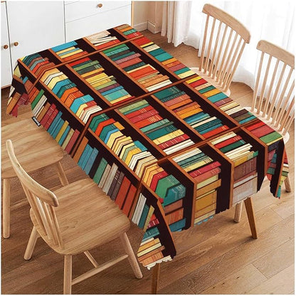 Swono Book Shelf Tablecloth Retro Bookshelf Literature Books Rectangle Table Cloth Washable Plaid Table Cover for Kitchen Holiday Dinner, 52x 70 Inch Tablecloth