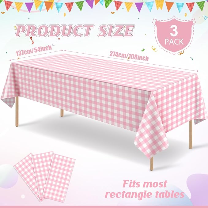 3Pcs Pink Gingham Tablecloths, Checkered Party Table Covers 54x108 In | Pink and White Checkered Tablecloths Disposable Waterproof for Baby & Bridal Shower Picnic Camping Girls Birthday Party