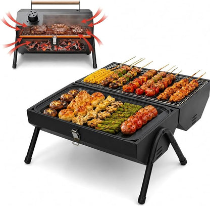 Tabletop Charcoal Grill, Portable Foldable Tabletop BBQ Grill with Dual Sided Griddle & Grill, Compact Folded Design, Thickened Body for Camping, Picnic & Outdoor Cooking