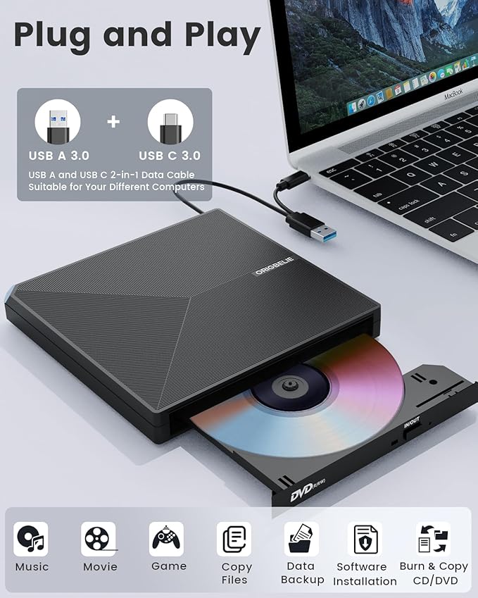 ORIGBELIE External CD DVD Drive, Portable USB C & A USB 3.0 DVD +/-RW Player Burner Reader Writer Optical CD ROM Disc Drive for MacBook Laptop iMac Desktop PC Windows 11/10/8/7/XP Linux Mac OS