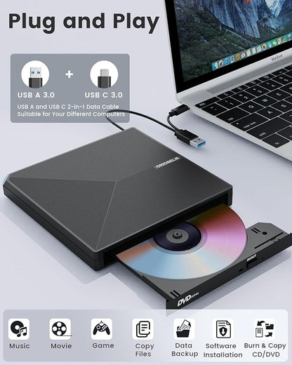 ORIGBELIE External CD DVD Drive, Portable USB C & A USB 3.0 DVD +/-RW Player Burner Reader Writer Optical CD ROM Disc Drive for MacBook Laptop iMac Desktop PC Windows 11/10/8/7/XP Linux Mac OS
