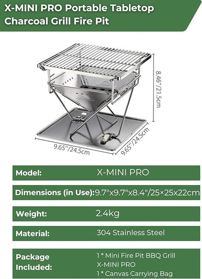 CAMPINGMOON Portable Charcoal Grill 9.65 Inch Stainless Steel Tabletop Grill Fire Pit 3 Level Adjustable Height Grill for Camping Outdoor Cooking Barbecue Carry Bag X-MINI-PRO