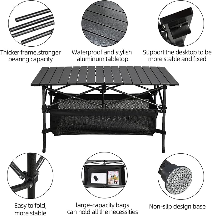 WUROMISE Lightweight Aluminum Folding Camping Table (37.13” x 21.57” x 19.69”), Portable Roll-Up Design for Outdoor, Camping, Beach, BBQ, Patio, and Picnic, Durable & Waterproof with Carrying Bag