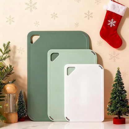 THETCHRY Plastic Cutting Board Set of 3-Cutting Boards for Kitchen BPA Free, Large-Small Chopping Boards Non-Slip for Cooking Camping Dishwasher Safe, Reversible, with Grip Handle, 15"×10"×0.25" Green