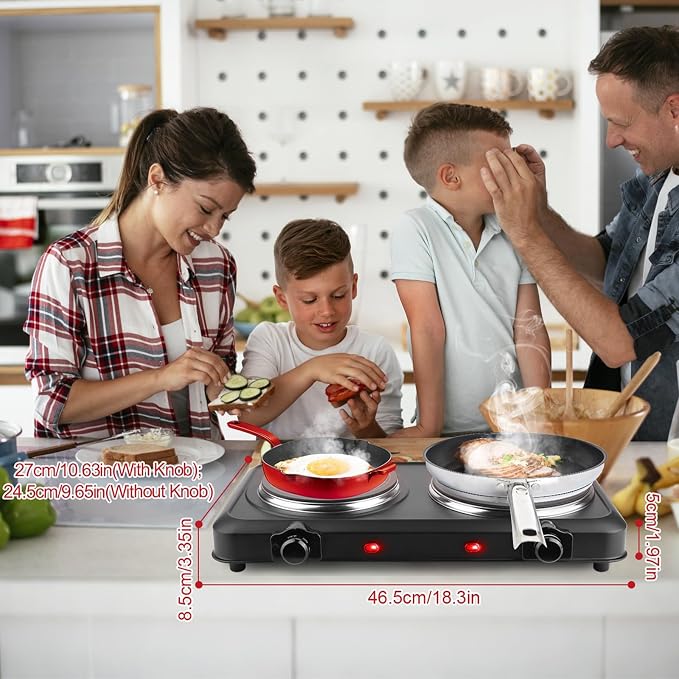 KOCASO 1800W Dual Infrared Burner Hot Plate, 7.5" & 6.3" Glass Cooktop, Stepless Temp Control 302°F-1022°F, Portable Electric Stove for Home, RV, Camping, Dorms