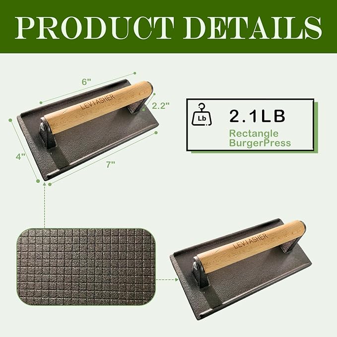 2Pack 2.1lb Steak Weight & Burger Press, Grid Base, 7"X4" Rectangle Heavy Duty Cast Iron Grill Press with Wood Handle for Blackstone, Chef, Camp, Panini, Vegetable, Bacon, Sandwich, BBQ