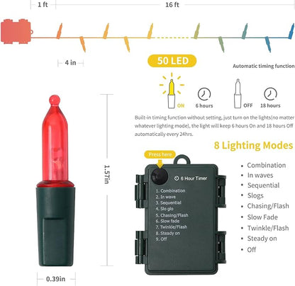 WATERGLIDE 50 LED Outdoor Christmas Lights, 16 FT Battery Operated Mini String Lights with 8 Modes & Timer, Xmas Tree Lights Waterproof for Patio Garden Party Wedding Holiday Decor, Multicolor