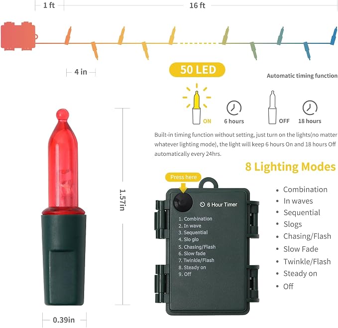 WATERGLIDE 4 Pack 50LED Outdoor Christmas Lights, 16FT Battery Operated Mini String Light with 8 Modes & Timer, Xmas Tree Lights Waterproof for Patio Garden Party Wedding Holiday Decor, Multicolor