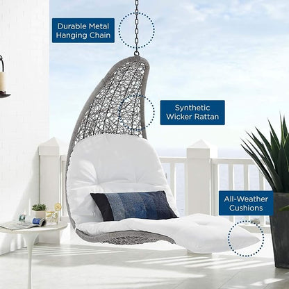 Modway Landscape Wicker Rattan Outdoor Patio Porch Chaise Lounge Hanging Swing Chair in Light Gray, White