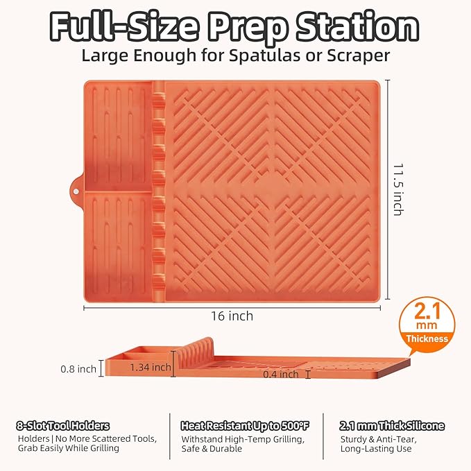 Silicone Grill Mat Compatible with Blackstone Griddle Accessories, Extra-Thick Griddle Tools & Spatula Mat with Drip Pad for Side Shelf, Outdoor BBQ Utensil Holder, Gifts for Men (Orange)