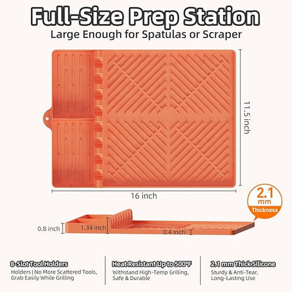 Silicone Grill Mat Compatible with Blackstone Griddle Accessories, Extra-Thick Griddle Tools & Spatula Mat with Drip Pad for Side Shelf, Outdoor BBQ Utensil Holder, Gifts for Men (Orange)
