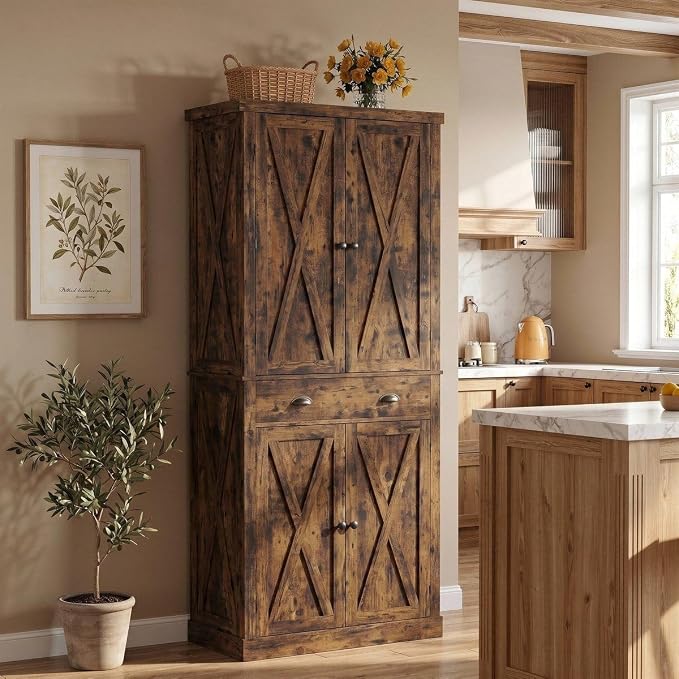IRONCK 72.6" H Farmhouse Kitchen Pantry with Drawer, Vintage Brown | Freestanding Storage Cabinet with Adjustable Shelves & X-Design Doors, Large Floor Cupboard for Kitchen, Dining Room