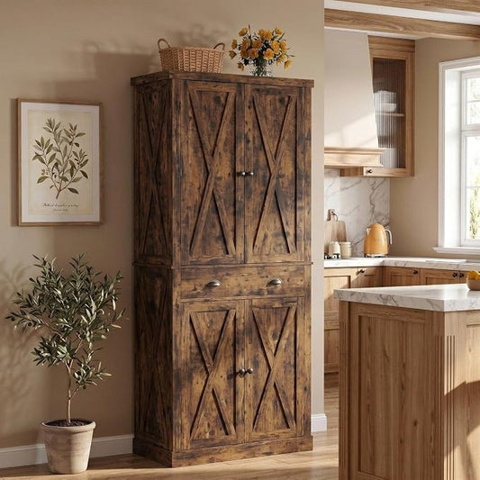 IRONCK 72.6" H Farmhouse Kitchen Pantry with Drawer, Vintage Brown | Freestanding Storage Cabinet with Adjustable Shelves & X-Design Doors, Large Floor Cupboard for Kitchen, Dining Room