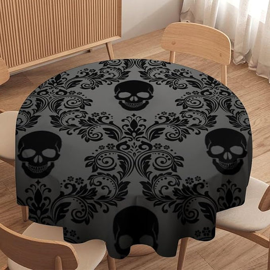 Gothic Black Damask Round Tablecloth, Vintage Floral Exotic Suger Skull Bohemian Antique Victorian Table Cloth Water Resistant Tables Cover for Farmhouse Party Holiday Kitchen Dinner Table 36"