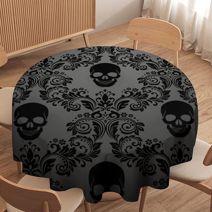 Gothic Black Damask Round Tablecloth, Vintage Floral Exotic Suger Skull Bohemian Antique Victorian Table Cloth Water Resistant Table Cover for Farmhouse Party Holiday Kitchen Dinner Table 60"