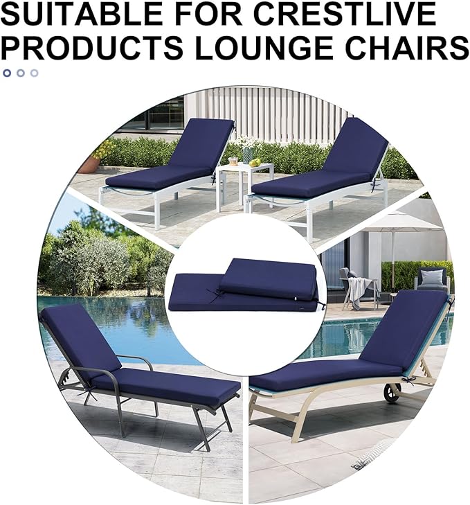 Crestlive Outdoor Chaise Lounge Cushions, 3 Years Fade Resistant Water Resistant Lounge Chair Cushion, 72''L x 21''W, Set of 2, Navy