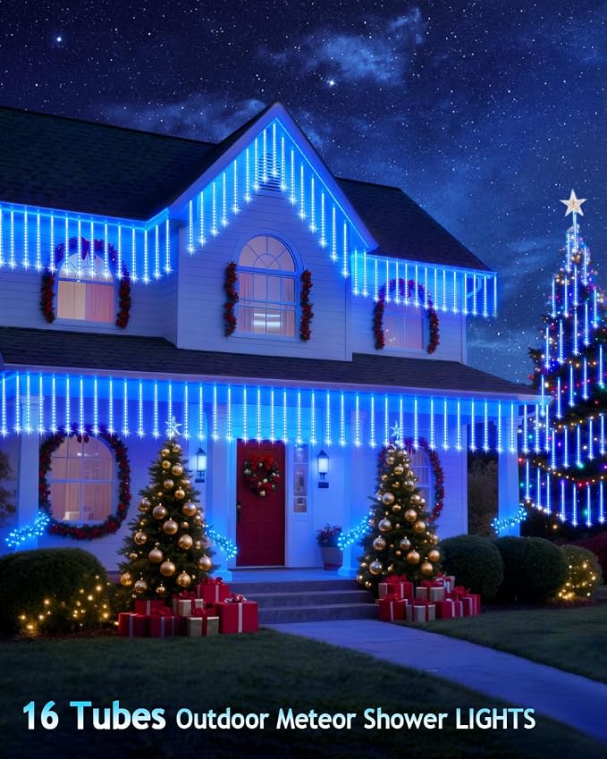PEMOTech Christmas Lights Outdoor,16 Tubes (Equivalent to 2 Sets of 8-Tubes) Meteor Shower Lights,Waterproof Christmas Decorations for Xmas Tree Party, Outdoor Christmas Decorations,UL Plug,Blue