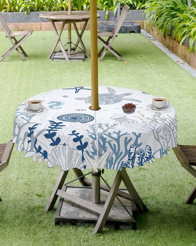 Blue Coastal Outdoor Tablecloth - 54 Inch Round Waterproof Dining Table Cover, Nautical Summer Beach Sea Turtle Coral Outdoor Table Cloth with Umbrella Hole & Zipper for Picnic/Patio/Party