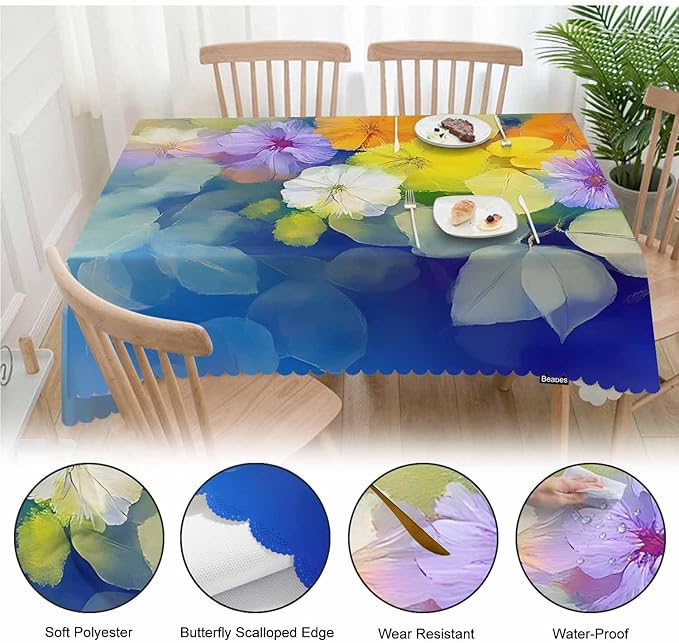 Tablecloth Abstract Floral 52 X 70 Inch, Watercolor Flowers Blur Blue Yellow Oblong Table Cloths Anti-Shrink Decorative Table Cover for Kitchen Dinning Tabletop Outdoor Picnic BBQ