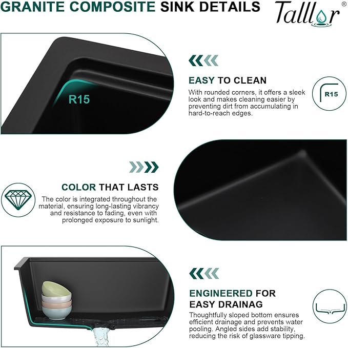 33 Inch Granite Composite Kitchen Sink - Matte Black Drop In Granite Kitchen Sink, Workstation All-In One Classic Quartz Top Mount Single Bowl Sinks for Modern Kitchen, 33"x22" #TLGT-123
