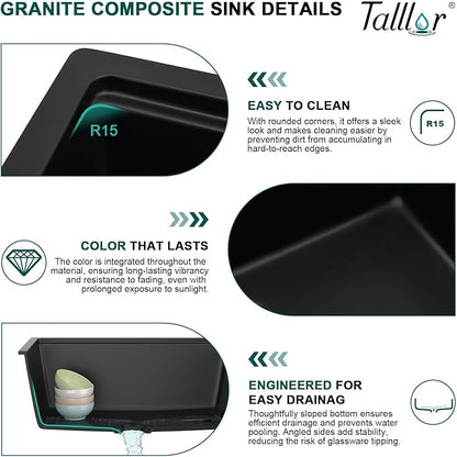 33 Inch Granite Composite Kitchen Sink - Matte Black Drop In Granite Kitchen Sink, Workstation All-In One Classic Quartz Top Mount Single Bowl Sinks for Modern Kitchen, 33"x22" #TLGT-123